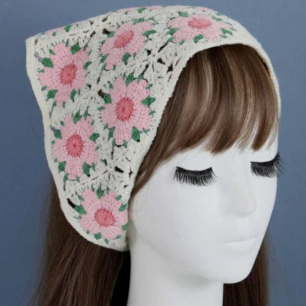 Crochet Bandana Headband Head Scarf Hair Scarf for Women Pink Floral - Picture 3 of 3